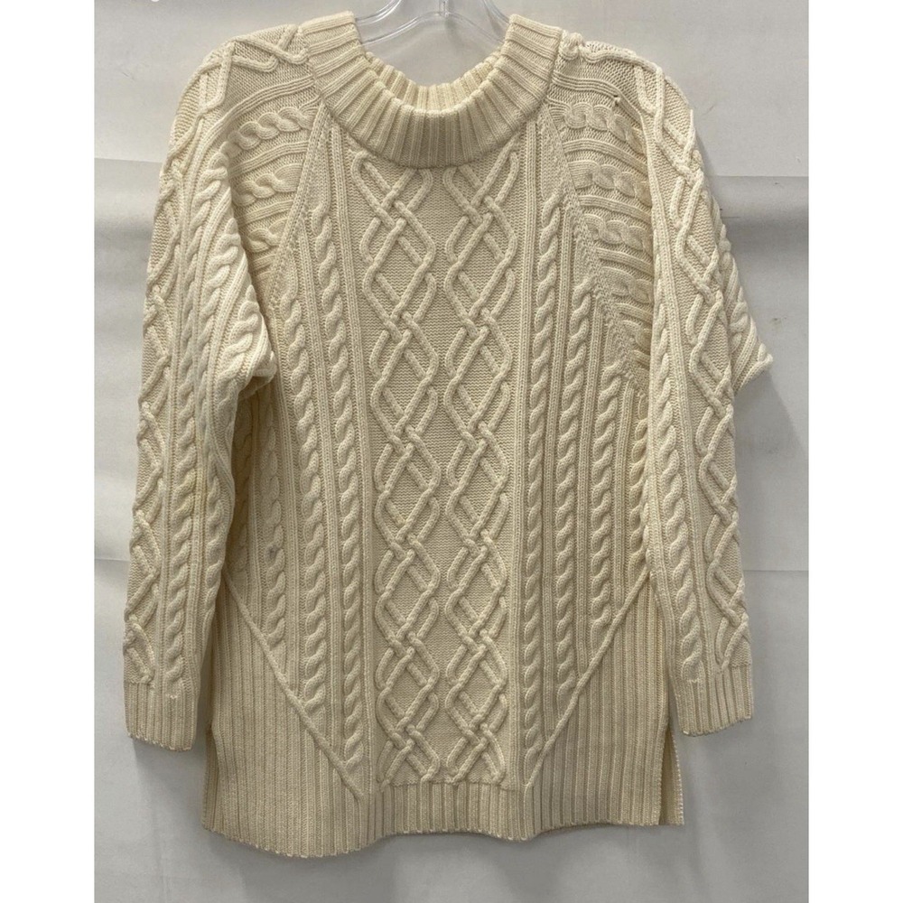ST. JOHN 100% Wool Cable Knit Sweater Tunic Ivory Cream Mock Neck Small S